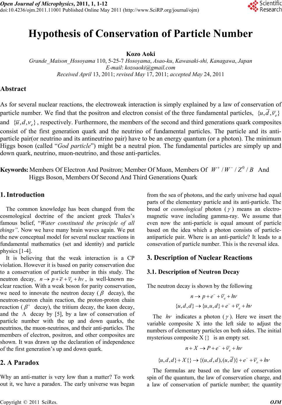Hypothesis of Conservation of Particle Number